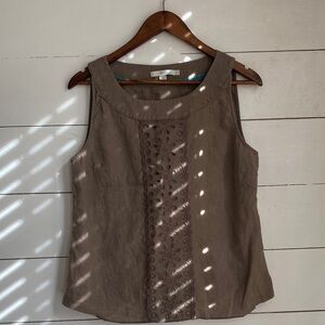 Boden Taupe Eyelet-Trim Sleeveless Linen-Blend Tank